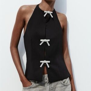 Zara Black Halter Top with Sparkly Rhinestone Bow Details